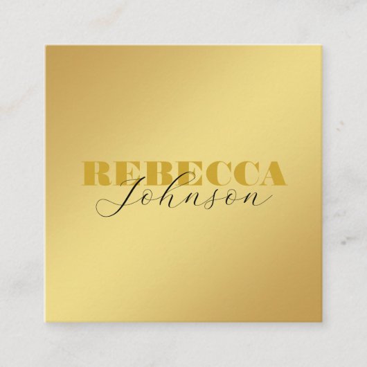 モダンはっきりしたタイポグラフィスクリプミニマルト金ゴールドと黒 スクエア名刺 (正面)