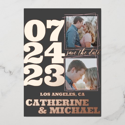 モダンはっきりしたタイポグラフィバラ金ゴールド&グレー 箔招待状 (正面)