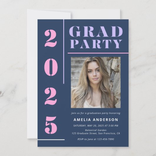 モダンはっきりしたタイポグラフィブルーフォト卒業党 招待状 (正面)