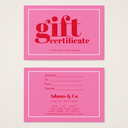 モダンはっきりしたタイポグラフィホットピンクギフト証明書 (正面&裏面)