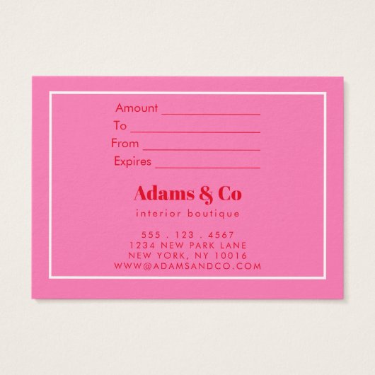 モダンはっきりしたタイポグラフィホットピンクギフト証明書 (裏面)