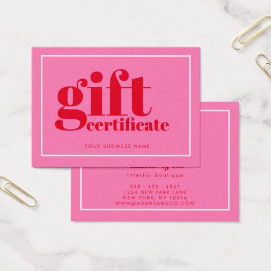 モダンはっきりしたタイポグラフィホットピンクギフト証明書 (オフィス)