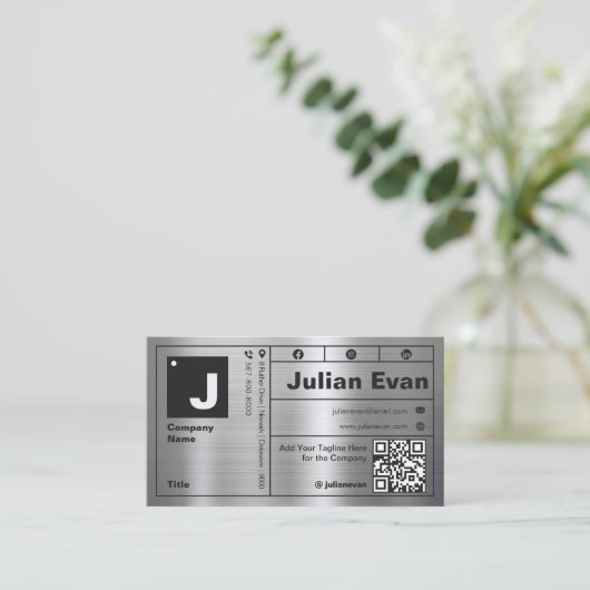 モダンはっきりしたタイポグラフィモノグラム光沢メタル 名刺 (スタンド正面)