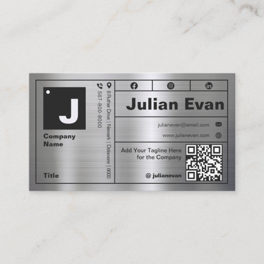 モダンはっきりしたタイポグラフィモノグラム光沢メタル 名刺 (正面)