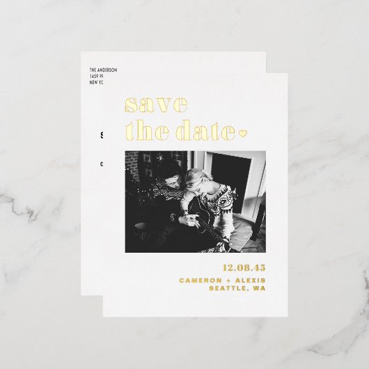 モダンはっきりしたタイポグラフィ写真の保存日付 箔招待状ポストカード (正面/裏面)