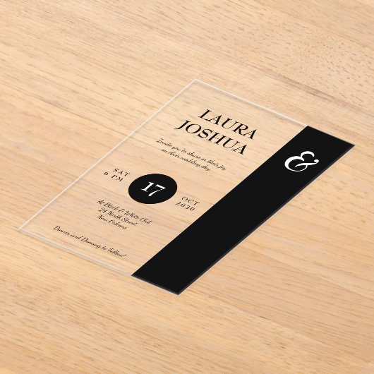 モダンはっきりしたタイポグラフィ白黒結婚ズ アクリル招待状 (レイダウン)