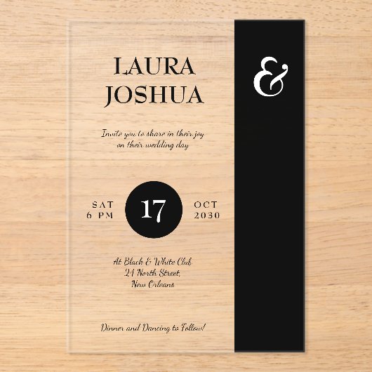 モダンはっきりしたタイポグラフィ白黒結婚ズ アクリル招待状 (正面)