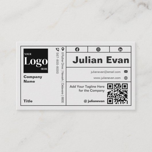 モダンはっきりしたタイポグラフィ白黒QRコード 名刺 (正面)