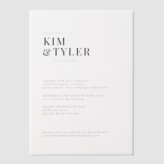 モダンはっきりしたタイポグラフィ重結婚ね ベラム紙招待状 (正面)