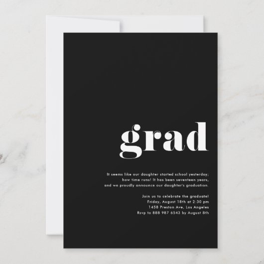 モダンはっきりしたタイポグラフィ黒写真卒業 案内状 (裏面)