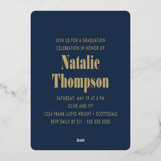 モダンはっきりしたタイポグラフィ2024年卒業党海軍 箔招待状 (裏面)