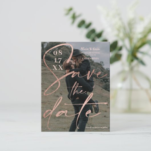 モダンはっきりしたバラ金ゴールドスクリプト日付の写真を保存 ポストカード (スタンド正面)