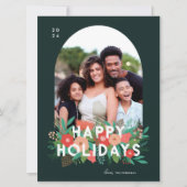 モダンはっきりしたフローラハッピーホリデーズアーチフォト シーズンカード (正面)