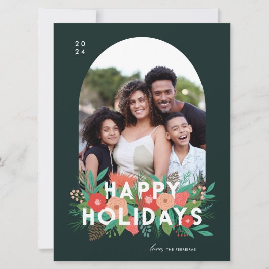 モダンはっきりしたフローラハッピーホリデーズアーチフォト シーズンカード (正面)