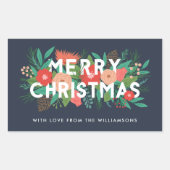 モダンはっきりしたフローラメリーのクリスマスの名前ブルー 長方形シール (正面)