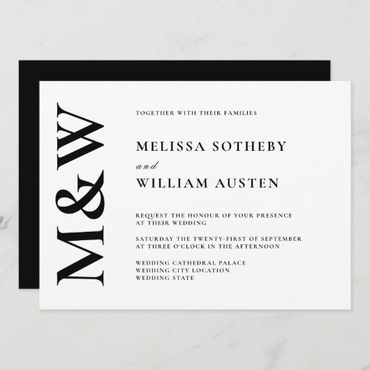 モダンはっきりしたモノグラム白黒結婚ズ 招待状 (正面/裏面)