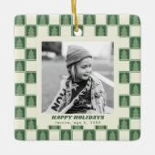 モダンはっきりしたレトログリーンクリスマス市松模様に写真 セラミックオーナメント (正面)