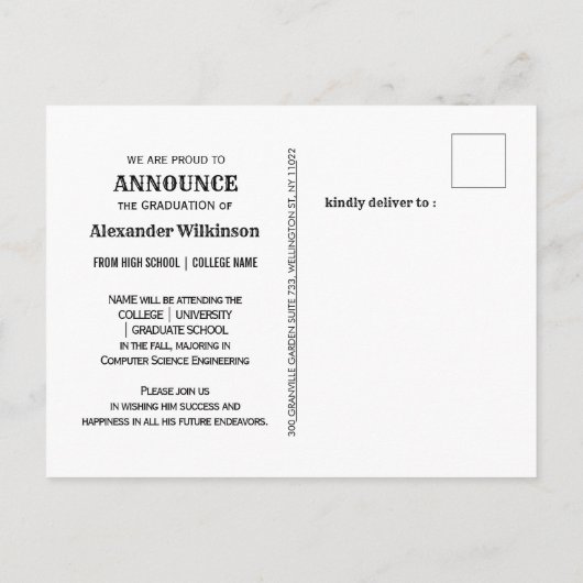 モダンはっきりした写ミニマル画卒業 案内ポストカード (裏面)