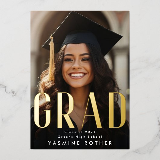 モダンはっきりした実在金フォイルGRAD写真発表 箔招待状 (正面)