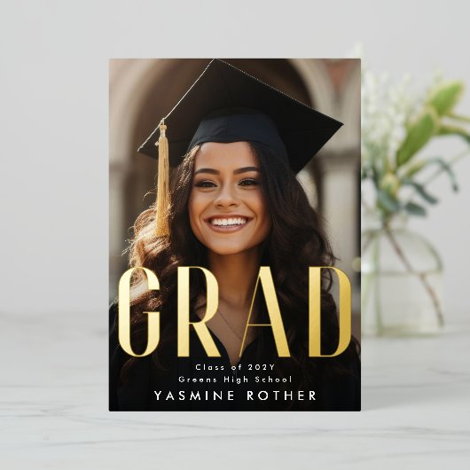 モダンはっきりした実在金フォイルGRAD写真発表 箔招待状 (立ち正面)