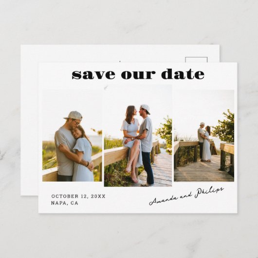 モダンはっきりした文字3写真結婚式の日付を保存 案内ポストカード (正面/裏面)