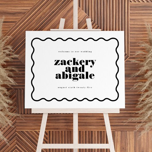 モダンはっきりした波線フレーム白黒結婚 ポスター