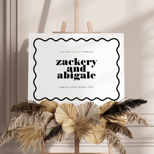 モダンはっきりした波線フレーム白黒結婚 ポスター