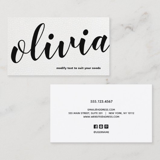 モダンはっきりした白黒レザースクリプト書 名刺 (正面/裏面)