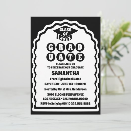 モダンはっきりした白黒波形アーチ写真卒業 招待状 (スタンド正面)