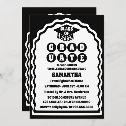 モダンはっきりした白黒波形アーチ写真卒業 招待状 (正面/裏面)