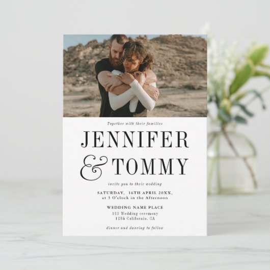 モダンはっきりした秋白黒結婚写真 招待状 (スタンド正面)