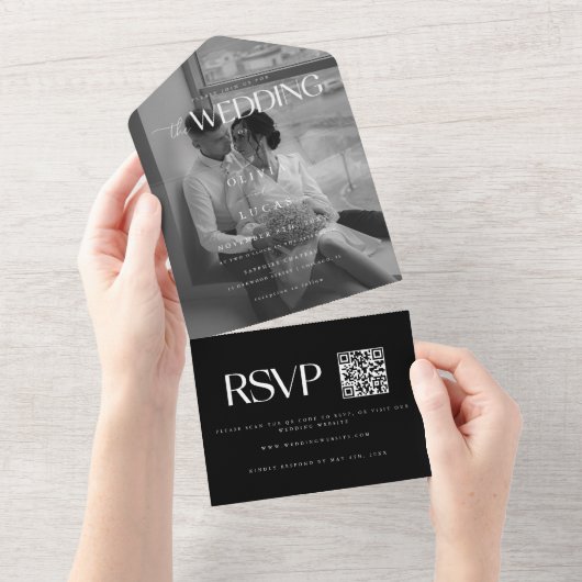 モダンはっきりした結婚写真 オールインワン招待状 (貼ってはがせる)