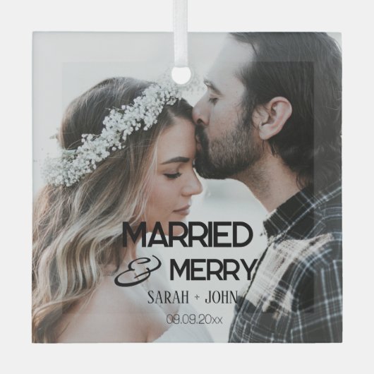 モダンはっきりした結婚結婚したメリーの写真 ガラスオーナメント (正面)