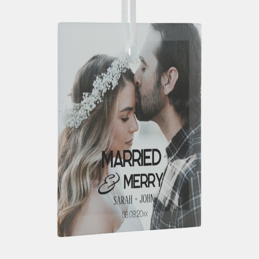 モダンはっきりした結婚結婚したメリーの写真 ガラスオーナメント (正面右)