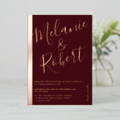 モダンはっきりした結婚赤のバラ金ゴールドストライプ 箔招待状 (立ち正面)