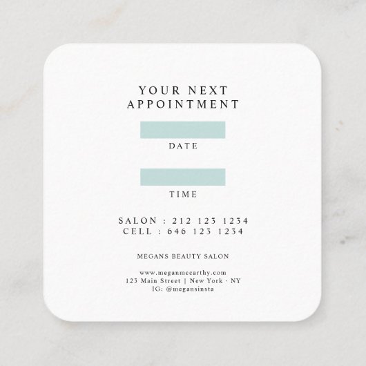 モダンはっきりした美容師スクリプトアポイントメントミント スクエア名刺 (裏面)