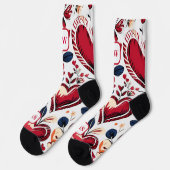 モダンはっきりした赤いハートとフローラモノグラム ソックス (左)