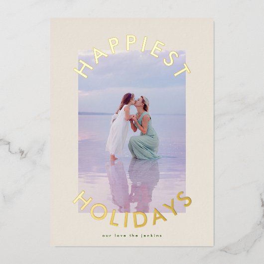 モダンはっきりした金ゴールドのChristmasScriptのエレガント写真 箔シーズンカード (正面)