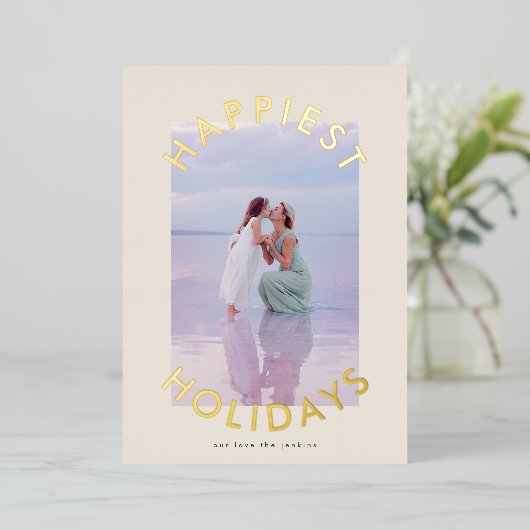 モダンはっきりした金ゴールドのChristmasScriptのエレガント写真 箔シーズンカード (立ち正面)