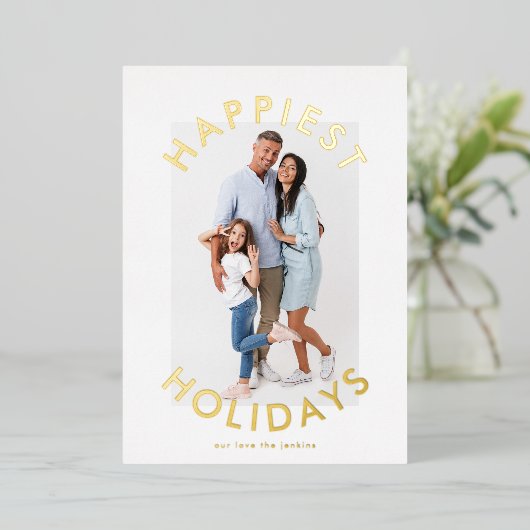 モダンはっきりした金ゴールドエレガントChristmas Two Photo 箔シーズンカード (立ち正面)