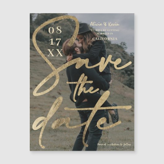 モダンはっきりした金ゴールドフォイルのスクリプト保存日付の写真 (正面)