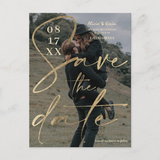 モダンはっきりした金ゴールドフォイルのスクリプト保存日付の写真 ポストカード (正面)
