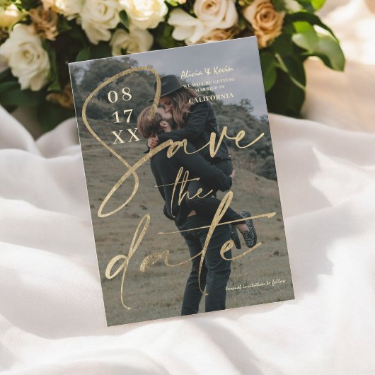 モダンはっきりした金ゴールドフォイルのスクリプト保存日付の写真 招待状