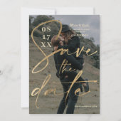 モダンはっきりした金ゴールドフォイルのスクリプト保存日付の写真 招待状 (正面)