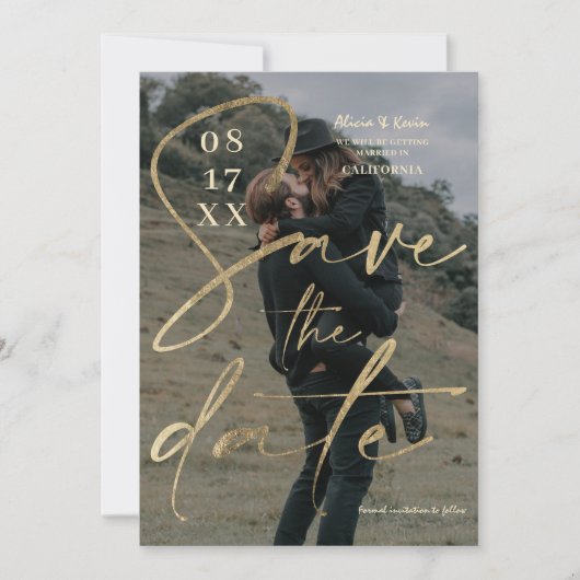 モダンはっきりした金ゴールドフォイルのスクリプト保存日付の写真 招待状 (正面)