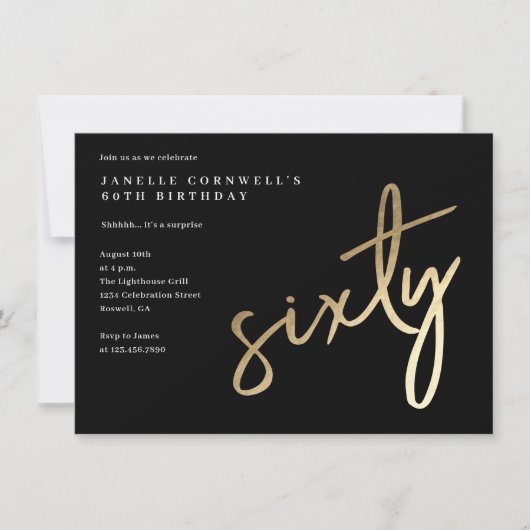 モダンはっきりした金ゴールド型60誕生日 招待状 (正面)