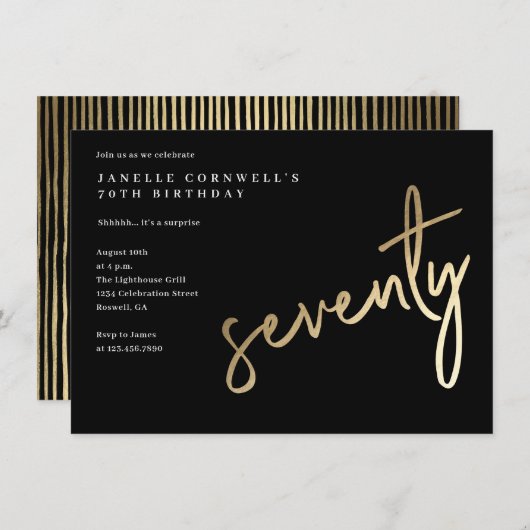 モダンはっきりした金ゴールド型70誕生日 招待状 (正面/裏面)