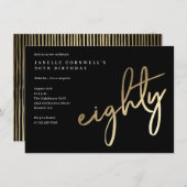 モダンはっきりした金ゴールド80誕生日 招待状 (正面/裏面)