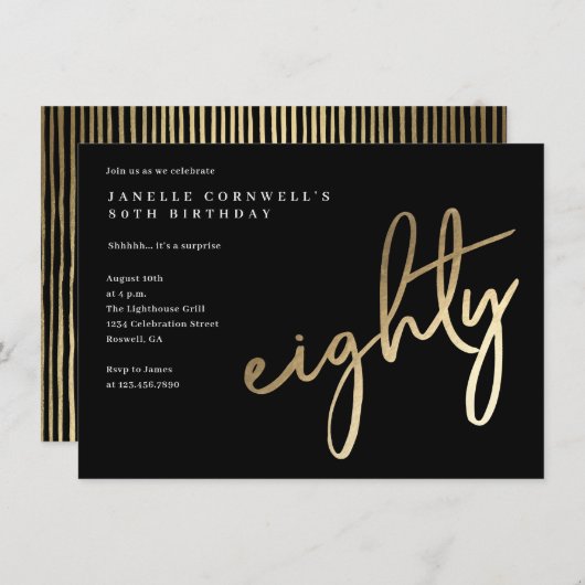 モダンはっきりした金ゴールド80誕生日 招待状 (正面/裏面)