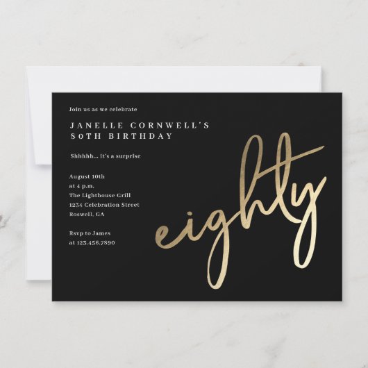 モダンはっきりした金ゴールド80誕生日 招待状 (正面)